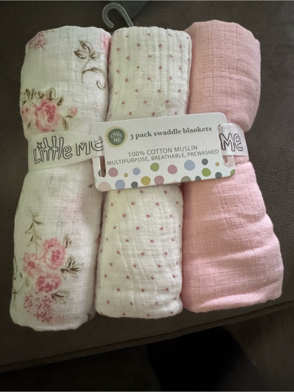 Little Me 3-Pack Pink Cotton Muslin Swaddle Blankets NWT